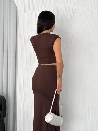 Osy Modal Yumuşak Dokulu Kumaş Büzgülü Crop Etek Takım -Kahverengi