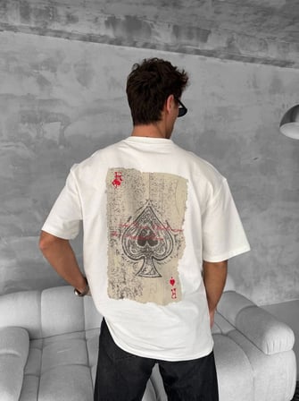 Ön ve Arka Baskılı Oversize Bisiklet Yaka T-shirt - Beyaz