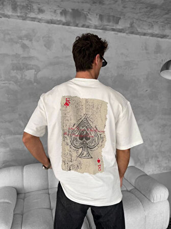 Ön ve Arka Baskılı Oversize Bisiklet Yaka T-shirt - Beyaz