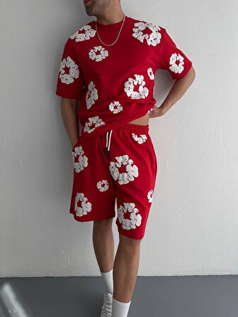 İki İplik Kumaş Baskılı T-shirt Şortlu Takım- Kırmızı
