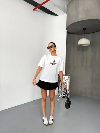 KADIN Baskılı T-Shirt Kısa Kol Bisiklet Yaka Regular Fit Yazlık Tişört - Beyaz