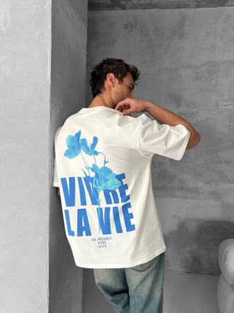 Erkek Ön ve Arka Baskılı T-Shirt Kısa Kol Bisiklet Yaka Regular Fit Tişört - Beyaz