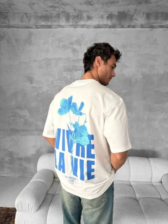 Erkek Ön ve Arka Baskılı T-Shirt Kısa Kol Bisiklet Yaka Regular Fit Tişört - Beyaz