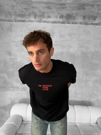 Erkek Ön ve Arka Baskılı T-Shirt Kısa Kol Bisiklet Yaka Regular Fit Tişört - Siyah