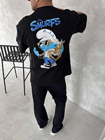 Ön ve Arka Baskılı Oversize Bisiklet Yaka T-shirt- Siyah