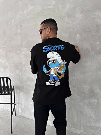 Ön ve Arka Baskılı Oversize Bisiklet Yaka T-shirt- Siyah