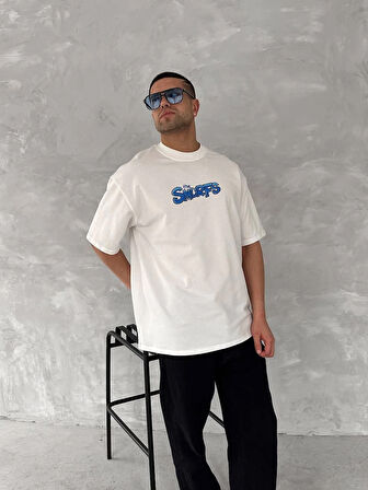 Ön ve Arka Baskılı Oversize Bisiklet Yaka T-shirt- Beyaz