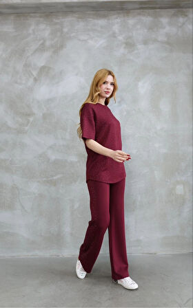 Osy Modal Yumuşak dokulu Kumaş Bisiklet Yaka Taş detaylı Kısa Kollu Takım - Bordo