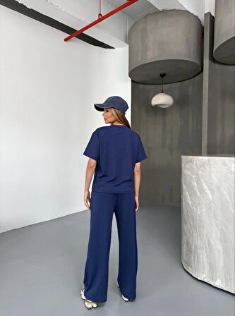 Osy Modal Yumuşak Dokulu Kumaş Kısa Kollu Bluz Rahat Pantalon ikili Takım- Lacivert