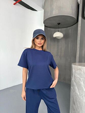 Osy Modal Yumuşak Dokulu Kumaş Kısa Kollu Bluz Rahat Pantalon ikili Takım- Lacivert