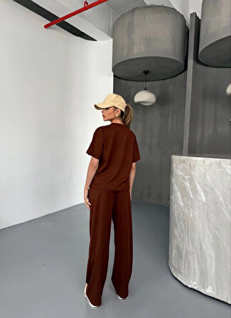Osy Modal Yumuşak Dokulu Kumaş Kısa Kollu Bluz Rahat Pantalon ikili Takım- Kahverengi