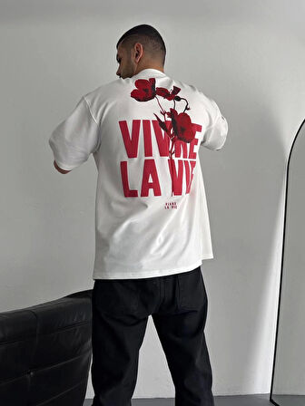 Baskılı Oversize Bisiklet Yaka T-shirt - Beyaz