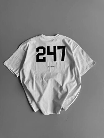 20/1 Penye Compack Baskılı Oversize Bisiklet Yaka Kısa Kol Yazlık T-shirt - Beyaz