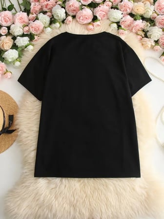 Kadın Beyaz "I've Got Your Back" Grafik Tişört - Eğlenceli Çubuk Tasarımlı Oversize Günlük Kısa Kollu Tişört, Polyester Örgü, Yuvarlak Yaka, İlkbahar ve Yaz için Mükemmel, Günlük Giyim Tişört | Eğlenceli Tasarım | Polyester Kumaş- Siyah