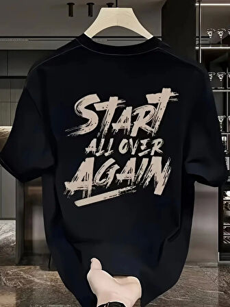20/1 Penye Compack Start All Over Baskılı Oversize Bisiklet Yaka Kısa Kol T-shirt - Siyah