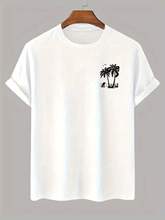 20/1 Penye Compack Palmiye Ön Baskılı Oversize Bisiklet Yaka Kısa Kol Yazlık T-shirt - Beyaz