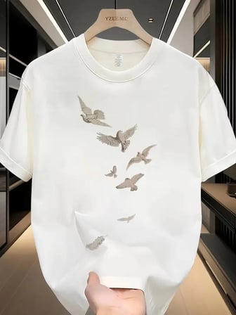 ERKEK Bisiklet yaka Tişört Özgür kuşlar Baskılı kısa kol T-shirt - Beyaz