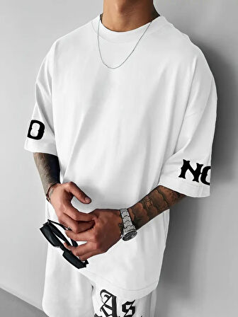 No Risk No Story Baskılı Oversize Bisiklet Yaka T-shirt - Beyaz