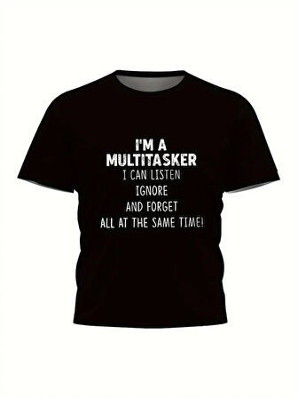 Erkekler İçin Tişörtler, Komik 'Multitasker' Baskılı Tişört, Yaz İlkbahar Sonbahar İçin Günlük Kısa Kollu Oversize Tişört, Hediye Olarak Üstler - Siyah