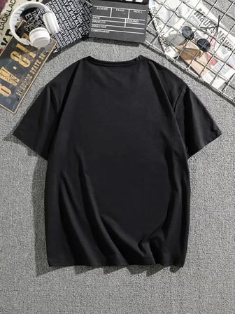 Erkek Dağ Grafikli Tişört, Yaz için Büyük Beden Rahat T-shirt - Siyah