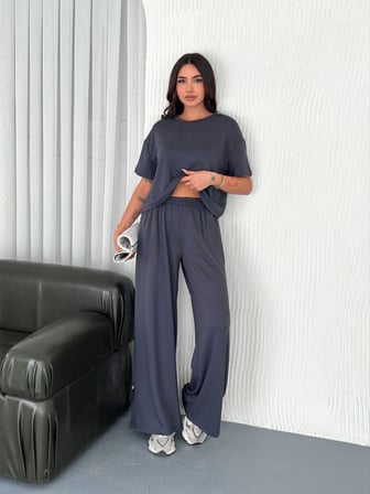 Osy Modal Yumuşak Dokulu Kumaş Bisiklet Yaka T-shirt Bol paça Pantalon ikili Takım -Antrasit