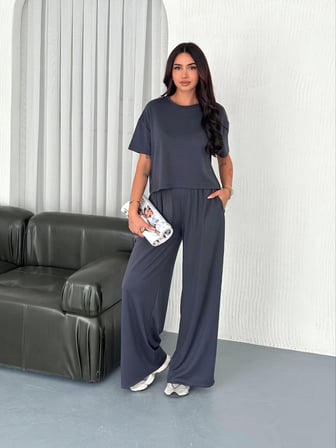 Osy Modal Yumuşak Dokulu Kumaş Bisiklet Yaka T-shirt Bol paça Pantalon ikili Takım -Antrasit