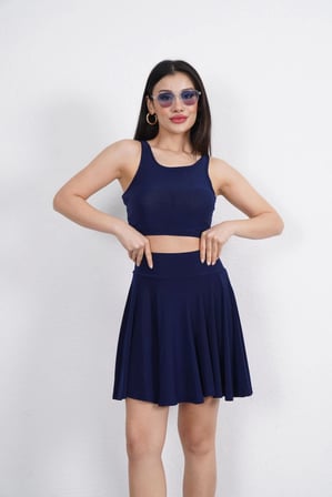 Sendy Kumaş Bisiklet Yaka Crop Şortlu Etek ikili Takım - Lacivert