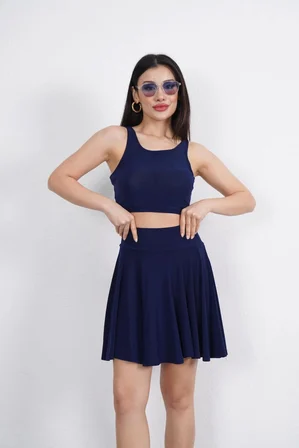 Sendy Kumaş Bisiklet Yaka Crop Şortlu Etek ikili Takım - Lacivert