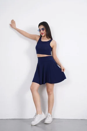 Sendy Kumaş Bisiklet Yaka Crop Şortlu Etek ikili Takım - Lacivert