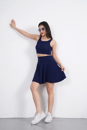 Sendy Kumaş Bisiklet Yaka Crop Şortlu Etek ikili Takım - Lacivert