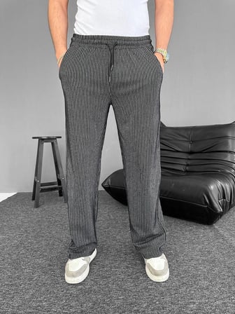 Su Yolu Çizgili Cepli Pantalon - Siyah