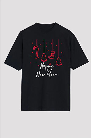 Happy New Year Baskılı T-shirt - Siyah