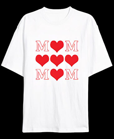 Anneler Gününe Özel Tasarım MOM Kalp Baskılı T-shirt - Beyaz