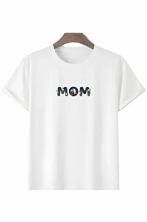 Anneler Gününe Özel Tasarım mom Çiçek Baskılı T-shirt - Beyaz