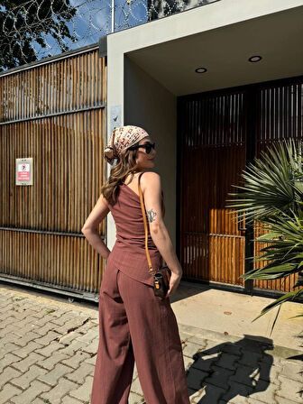 Kadın Keten Asimetrik Tek Omuzlu Bluz Pantalon Takım- Bordo