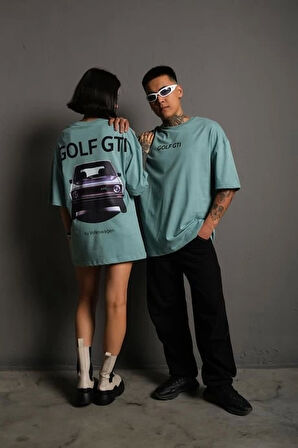 Erkek Sırt Golf Gtı Baskılı Oversize T-shirt - Mint Yeşili