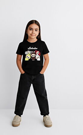 Kız Labubu Çocuk Baskılı T-Shirt - Siyah