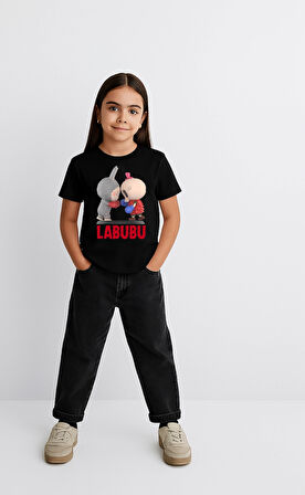 Kız Labubu Çocuk Baskılı T-Shirt - Siyah
