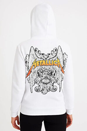 Metallica İki İplik Kapüşonlu Ön ve Arka Baskılı hoodie - Beyaz