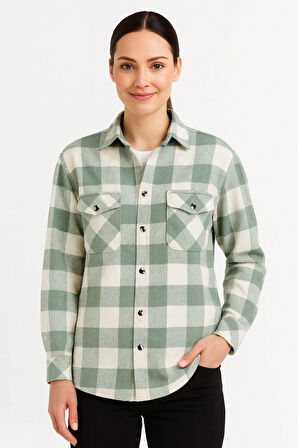 Kadın Oduncu Gömlek - Uzun Kollu, Şardonlu Kumaş, Kırmızı Beyaz Kareli Desen, Regular Fit, Çift Cepli, Manşetli Günlük Şık Stil - Su yeşili