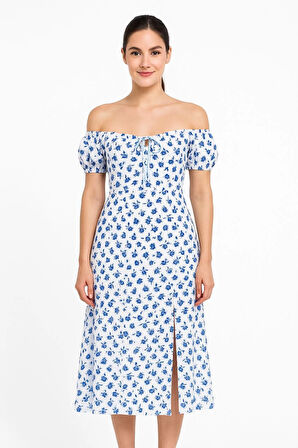 Bardot Omuzu Acık Çiçek Desenli Elbise - Desenli