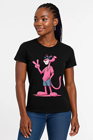 Kadın Bisiklet Yaka Kısa Kollu Baskılı T-shirt - Siyah