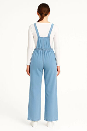 Kadın Chambray Açık Mavi Denim Görünümlü Geniş Paça Salopet Tulum - Mavi