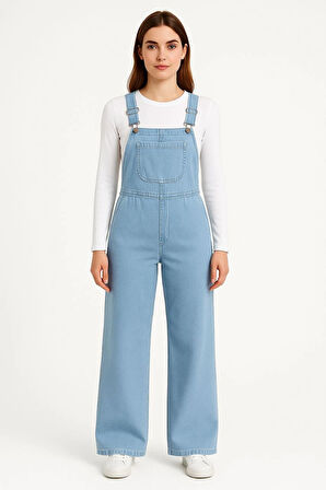 Kadın Chambray Açık Mavi Denim Görünümlü Geniş Paça Salopet Tulum - Mavi