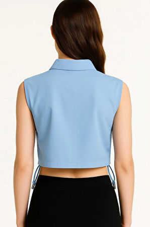 Kadın Crop Poplin Gömlek Yalancı Cepli, Ayarlanabilir Yan Kordonlu, - Bebe Mavisi