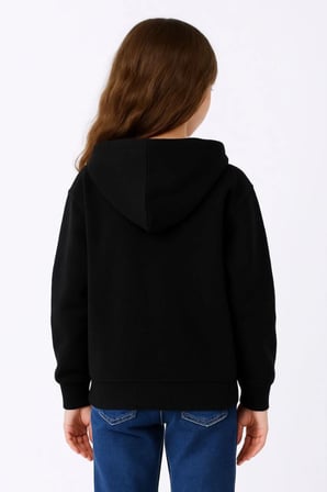 Kız Çocuk Kapüşonlu Kanguru Cepli Tam Fermuarlı Hırka Sweatshirt - Siyah