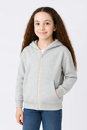 Kız Çocuk Kapüşonlu Kanguru Çepli Tam Fermuarlı Hırka SweatShirt - Gri