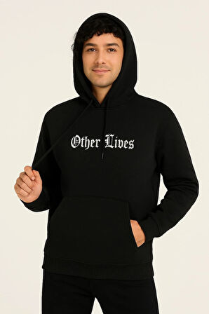 Erkek Kapşonlu Sweatshirt 'Other Lives' Ön & Arka Baskılı - Siyah