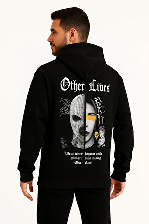 Erkek Kapşonlu Sweatshirt 'Other Lives' Ön & Arka Baskılı - Siyah
