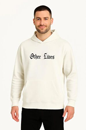 Erkek Kapşonlu Sweatshirt - Oversize 'Other Lives' Ön & Arka Baskılı- Beyaz